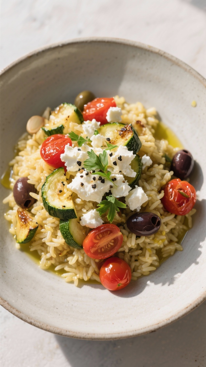Tasty top view: Mediterranean variation, overhead plated bowl—golden garlic-butter rice folded wit