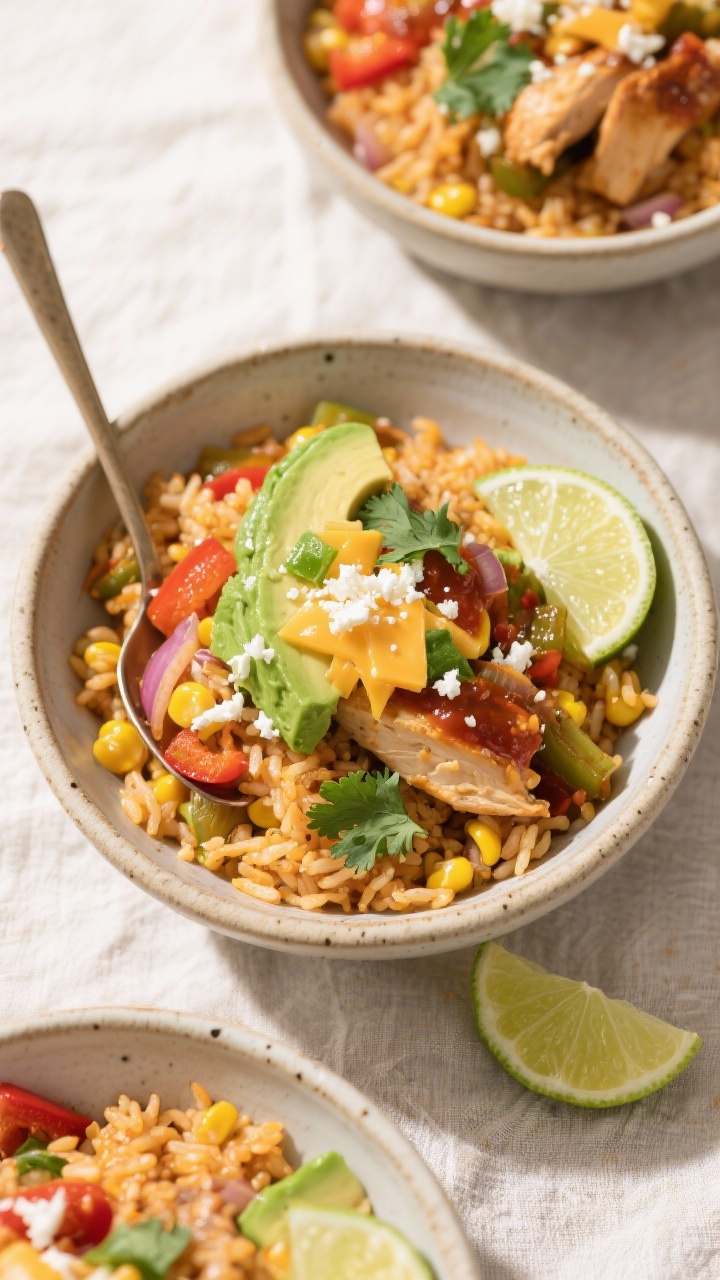 Tasty top view: Mexican-style chicken rice bowls arranged overhead—vibrant rice and chicken mixed 