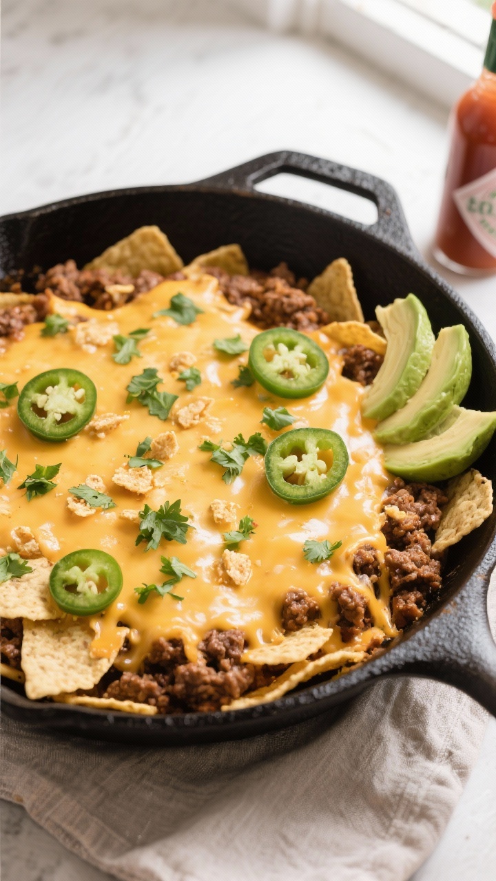 Tasty top view – Nacho-style finish, family-serve skillet: Overhead shot of the finished Easy Left