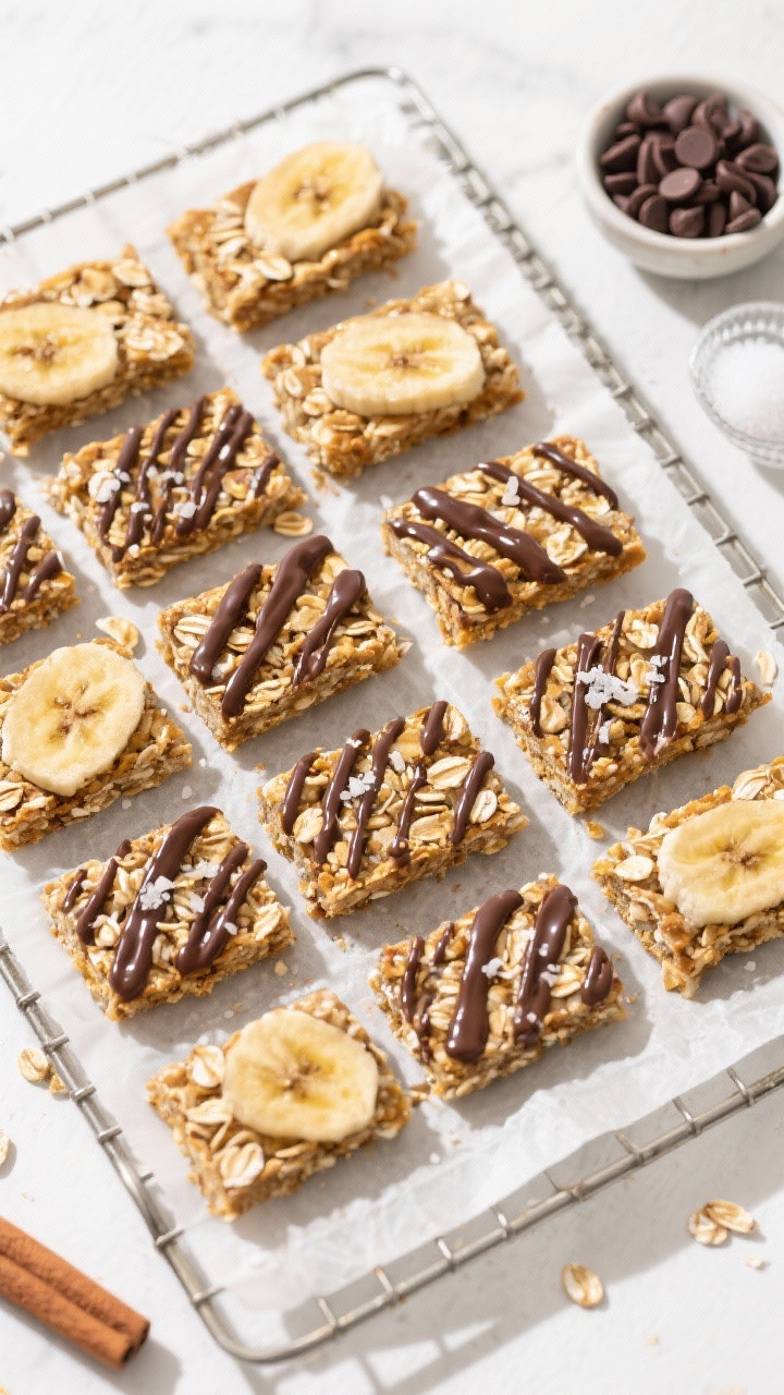 Tasty top view: neat grid of 12 sliced banana oat bars on a parchment-lined cooling rack, golden edg