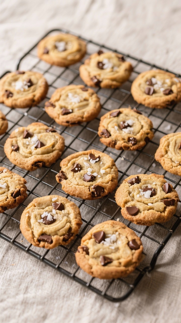 Tasty top view: Neat grid of finished banana chocolate chip cookies on a wire cooling rack, edges se