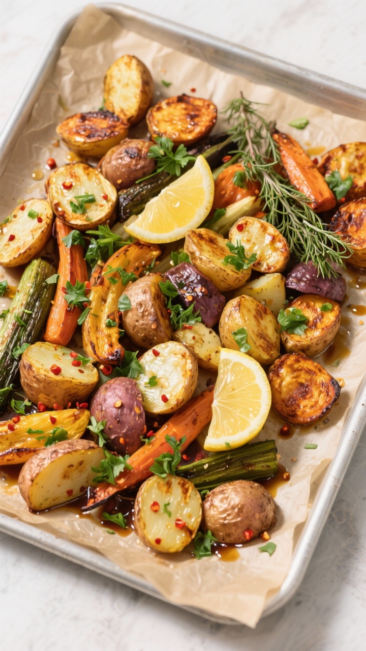 Tasty top view of the final roasted medley on a parchment-lined sheet pan, evenly spaced for no-crow