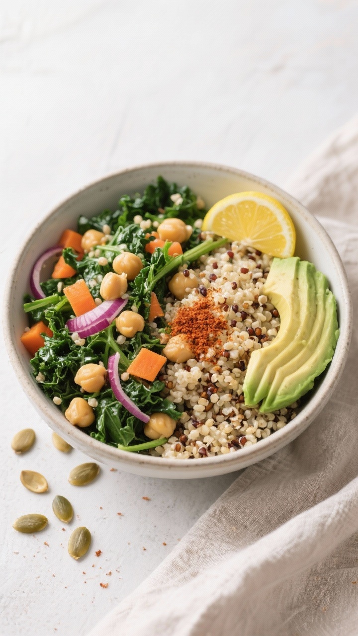 Tasty top view: One-pot quinoa, greens & chickpea power bowl served in a wide shallow bowl, fluffy q