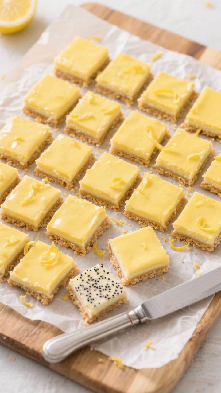 Tasty top view: Overhead board scene of 16 neatly cut lemon bar squares arranged in a grid on parchm