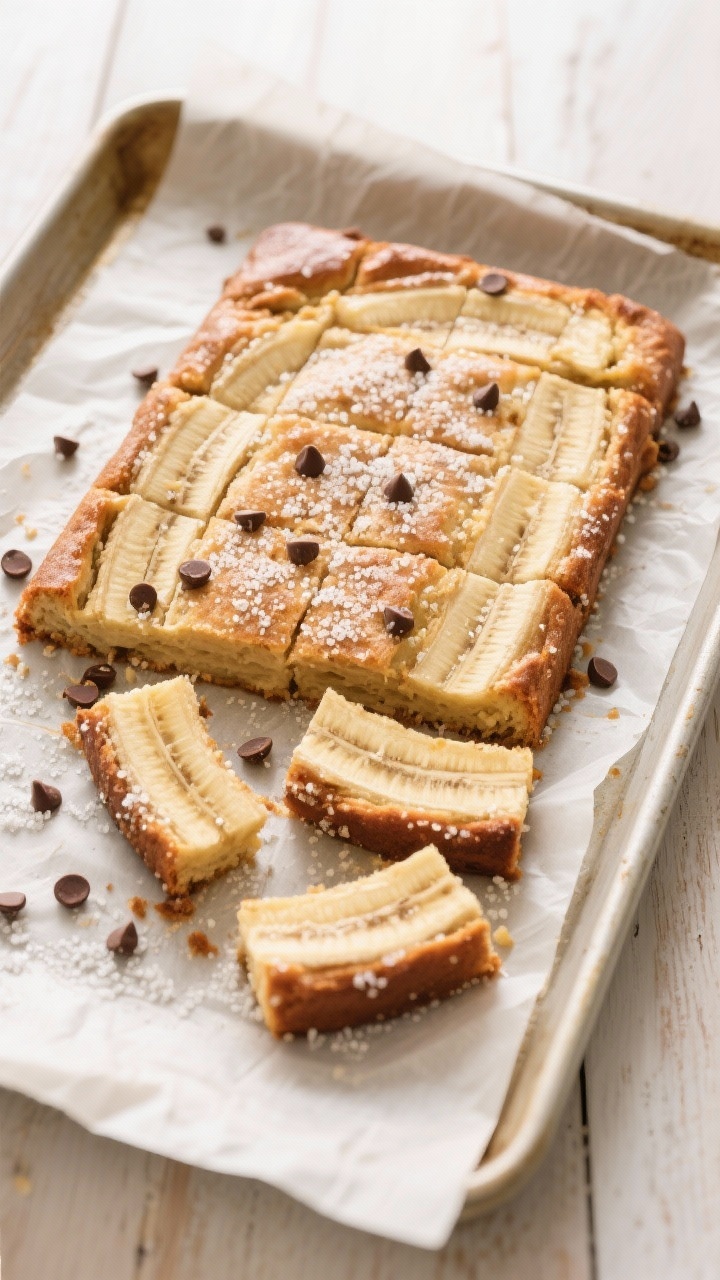 Tasty top view: Overhead board scene of a full slab of baked banana slice lifted from parchment and 