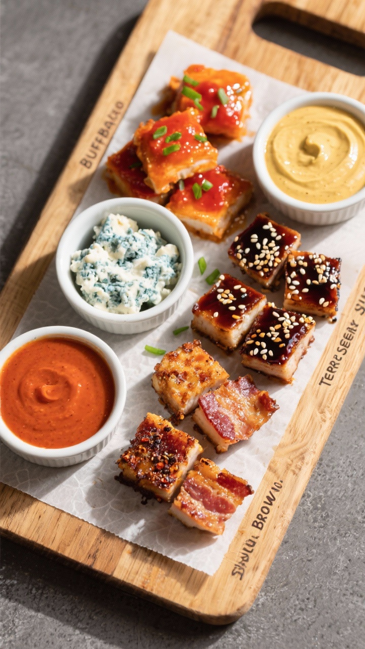 Tasty top view: Overhead board shot of assorted variation bites—Buffalo Ranch (orangey-red glaze, 