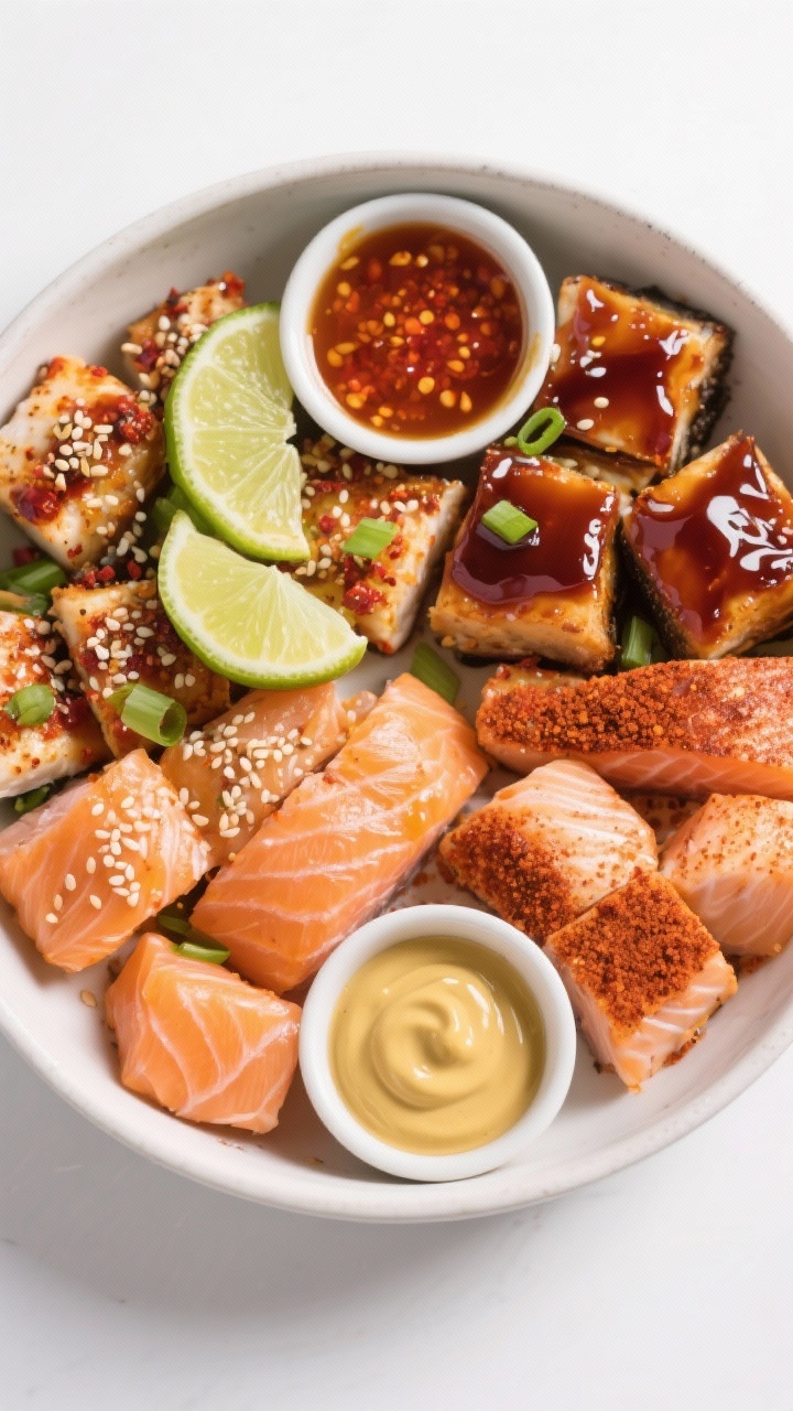 Tasty top view: Overhead bowl of salmon bite “party plate” assortment—cajun-spiced version wit