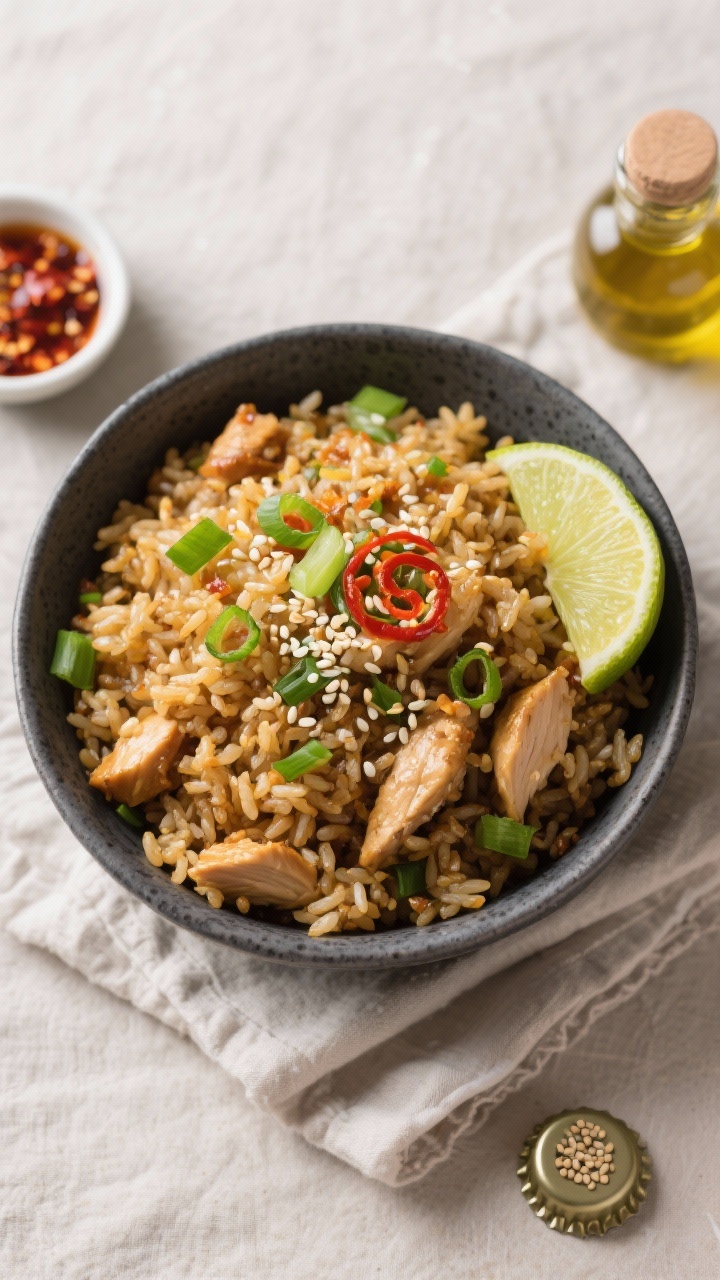 Tasty top view: Overhead bowl shot of finished Chicken Fried Rice, every grain separate and glossy, 