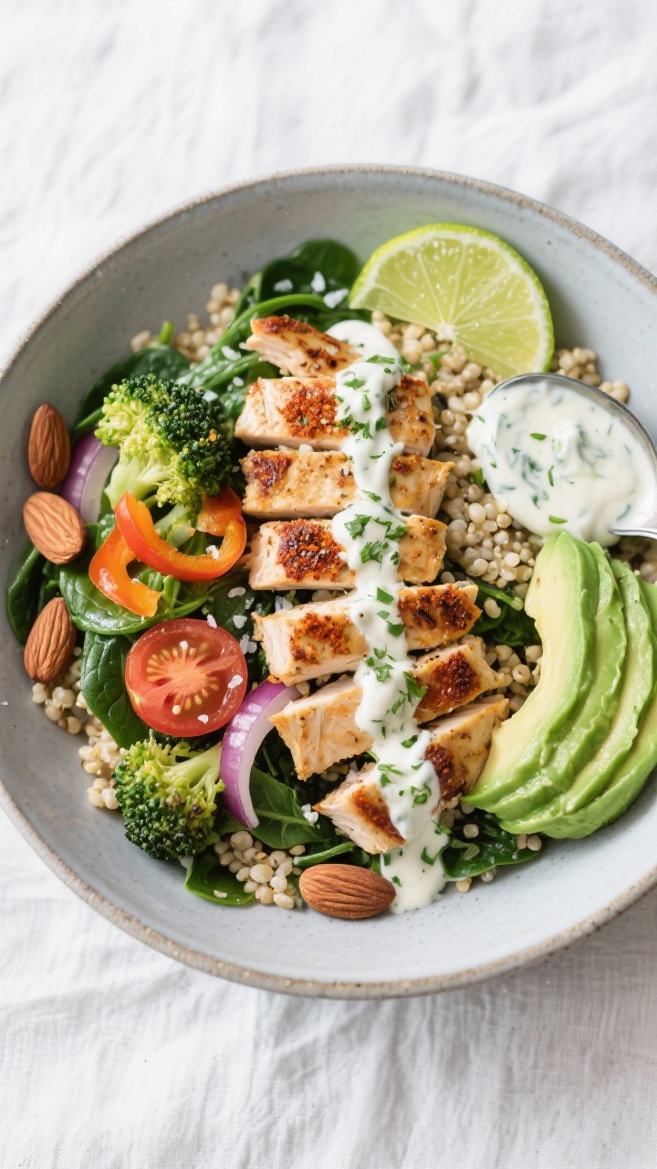 Tasty top view: Overhead bowl shot of quinoa and wilted spinach base topped with cumin-paprika chick