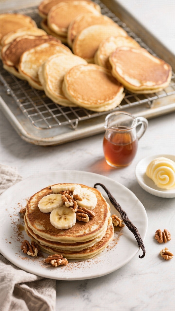 Tasty top view: Overhead brunch spread featuring multiple pancakes kept fluffy on a wire rack over a
