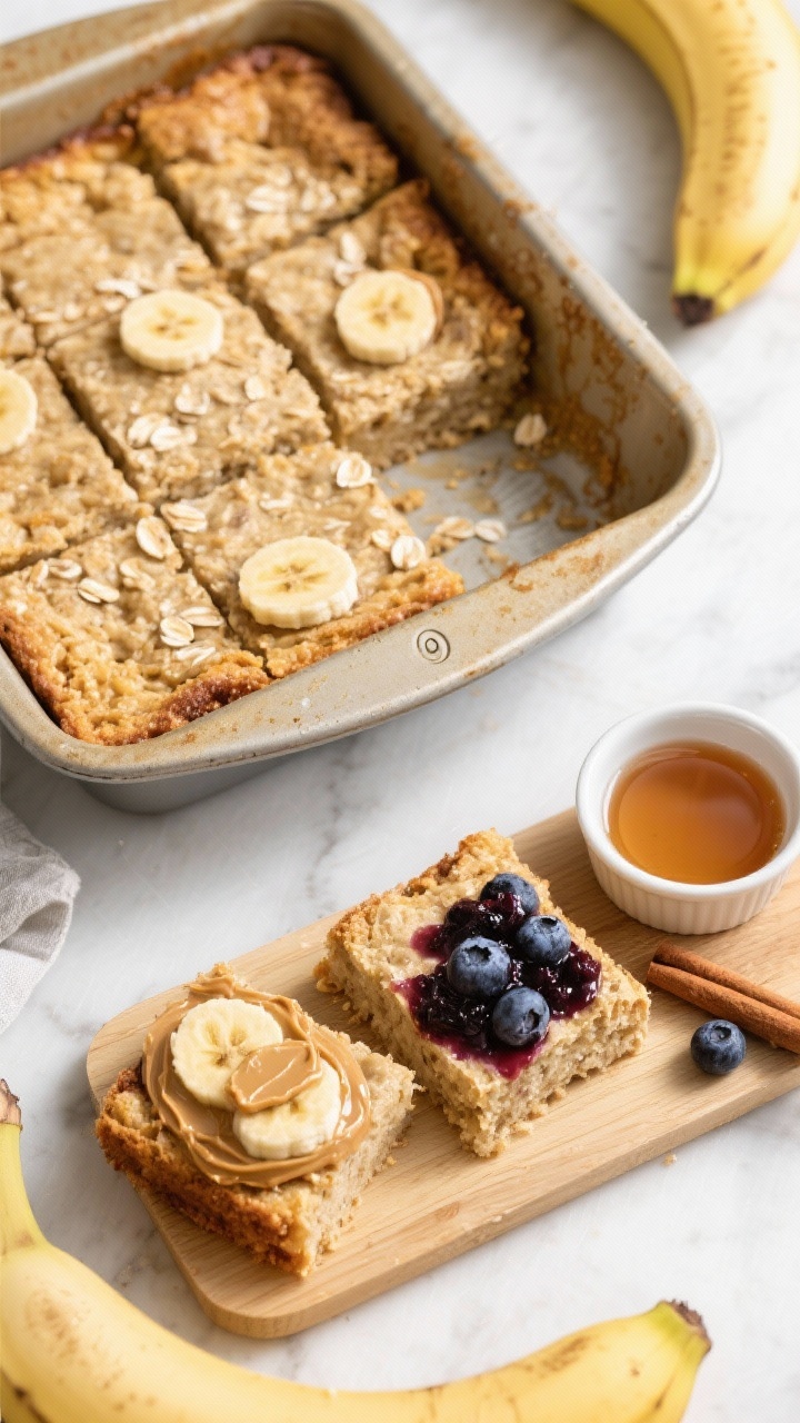 Tasty top view: Overhead brunch spread featuring the sliced banana oatmeal bake in its 9x9 pan with 
