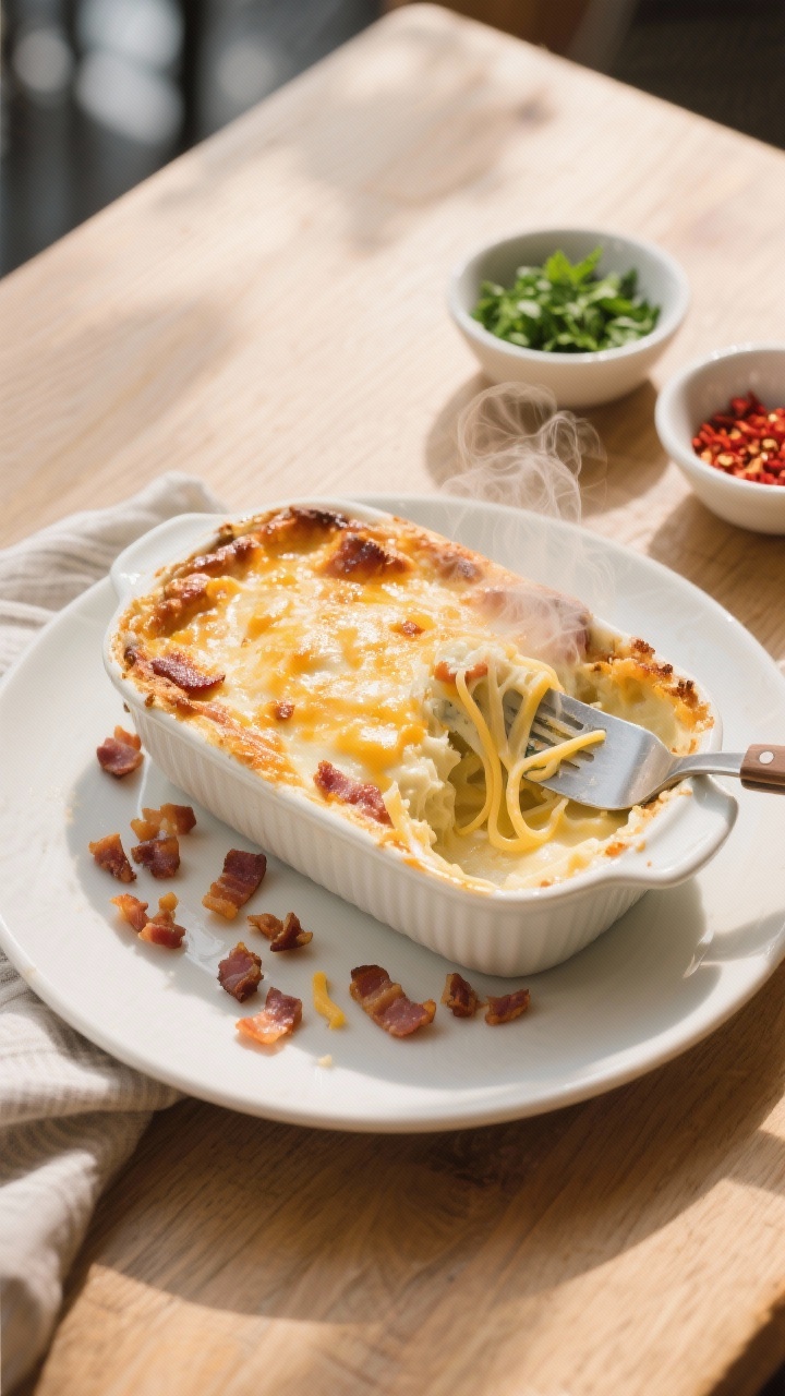 Tasty top view: Overhead brunch table scene featuring the baked casserole in its dish with a serving