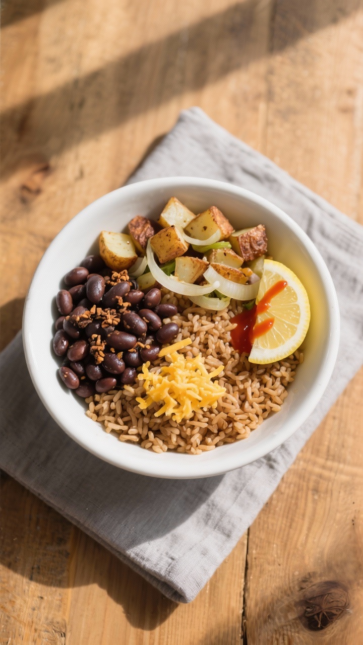 7-Day Family Meal Plan Under $50: Clean Eating On A Budget That Actually Tastes Amazing Tasty top view: Overhead build-your-own beans-and-rice bowl—fluffy brown rice base topped with cum