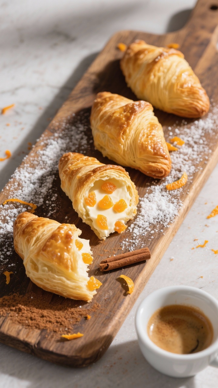 Tasty top view: Overhead coffee-and-pastry moment—three sfogliatelle arranged in a loose triangle 