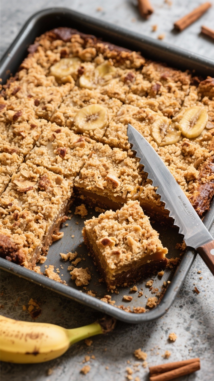 Tasty top view: Overhead composition of a full banana coffee crumb variation in the pan, showcasing 