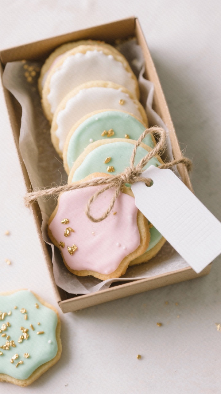 Tasty top view: Overhead cookie gift box scene—decorated cookies stacked with parchment separators