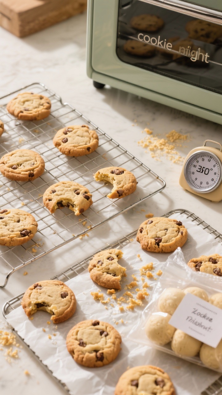 Tasty top view: Overhead “cookie night” scene with several cookies arranged casually on cooling 