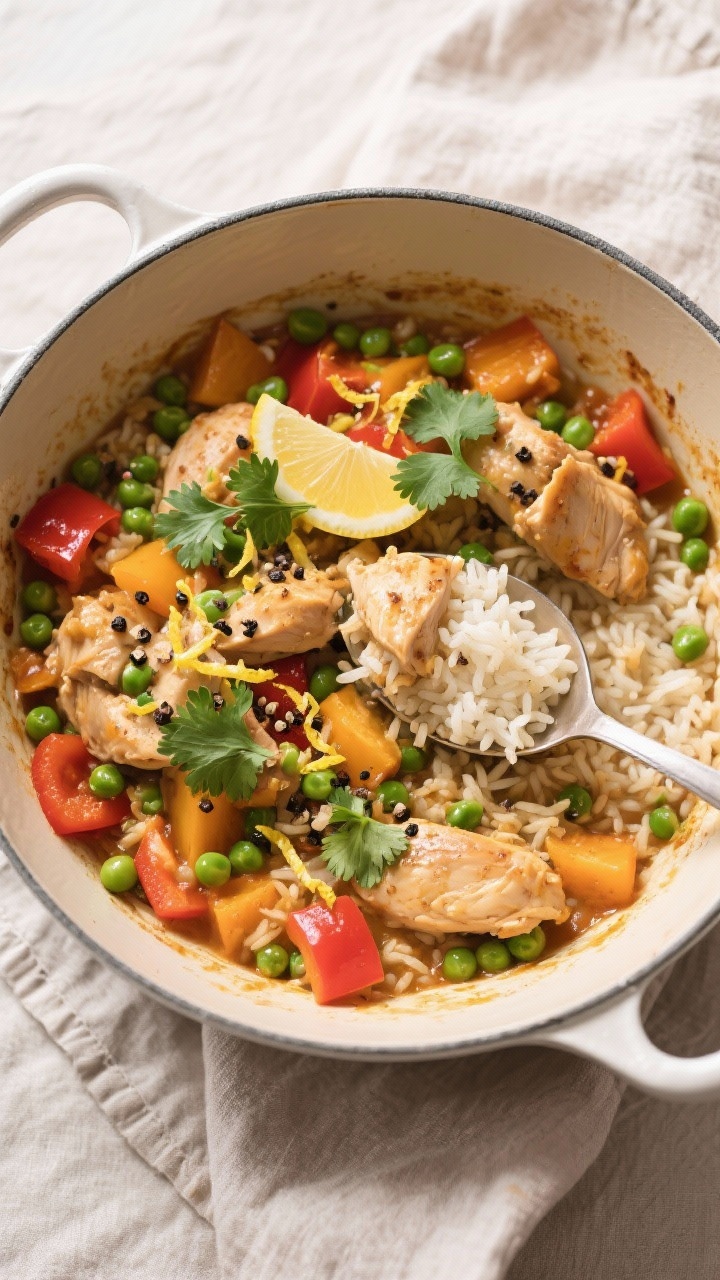 Tasty top view: Overhead family-style presentation of the finished one-pot in the pan, garnished wit