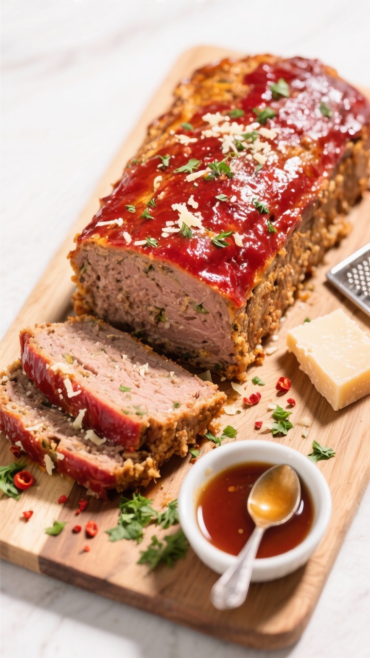 Tasty top view: Overhead family-style scene with the whole meatloaf on a wooden board, end piece sli