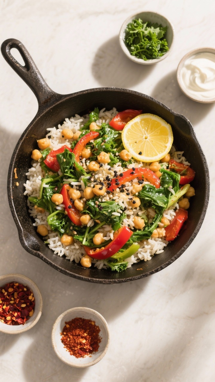 Cheap Whole Food Meals for Moms: Clean Eating On A Budget That Actually Tastes Amazing Tasty top view: Overhead family-style serving—heaping skillet in the center with vibrant greens, c