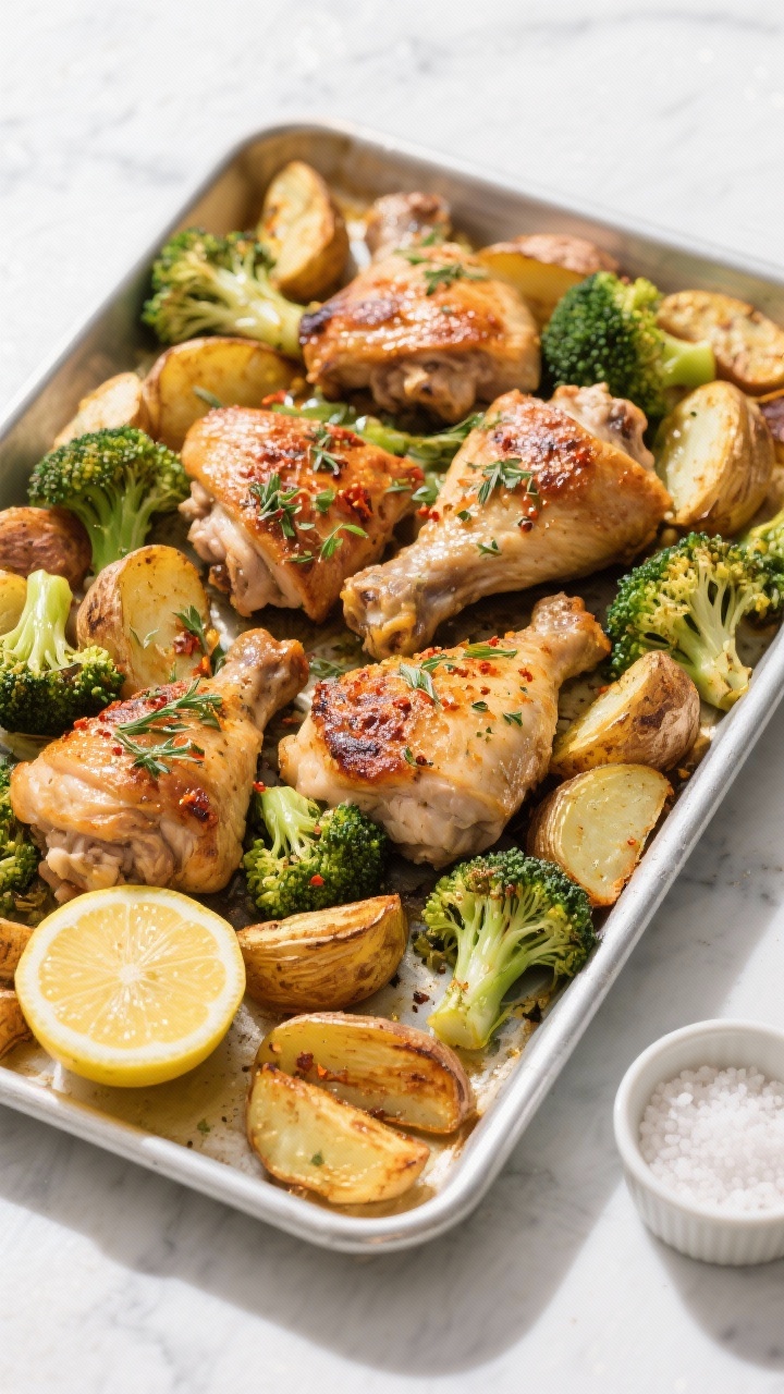 Tasty top view: Overhead family-style serving: the full sheet pan centered with burnished chicken th