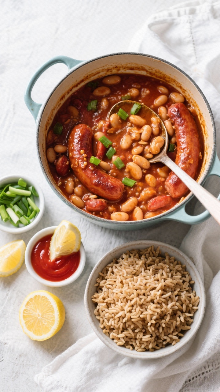 Tasty top view: Overhead family-style spread—large pot or Dutch oven filled with finished bean and