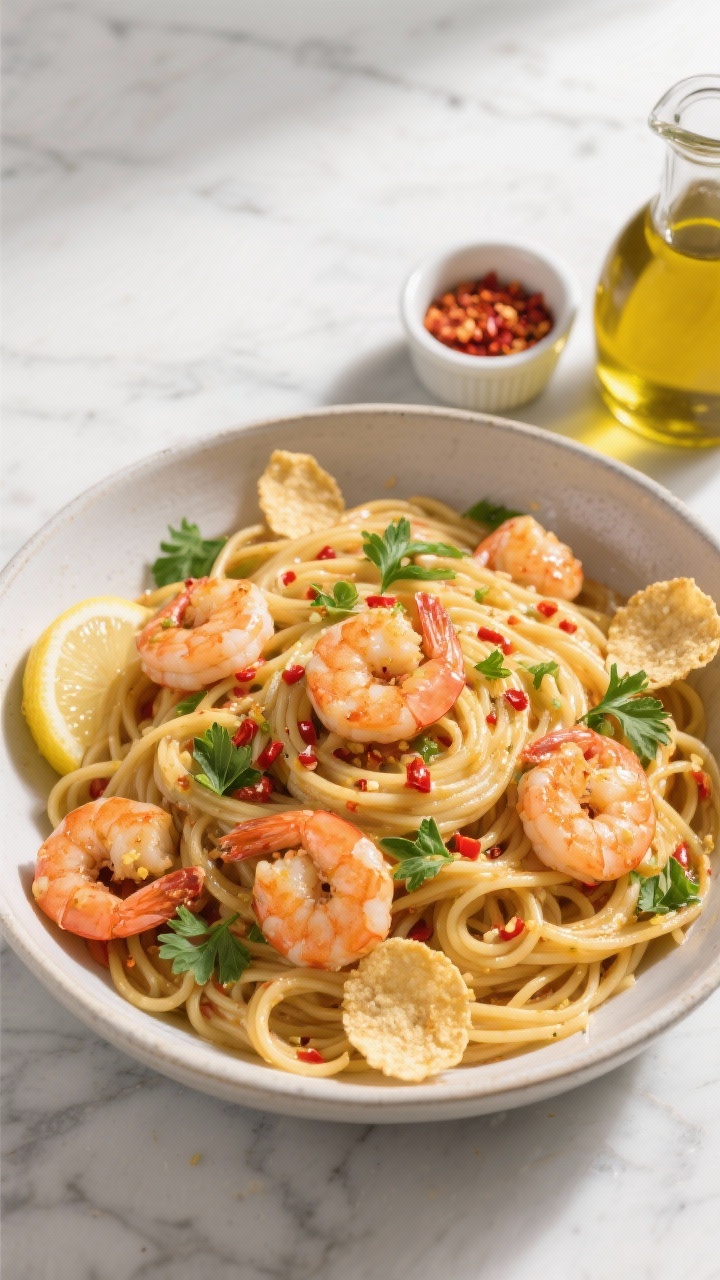 Tasty top view: Overhead hero shot of a family-style serving bowl filled with linguine coated in glo