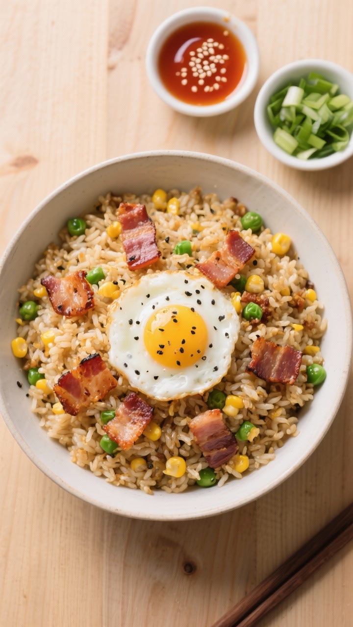 Tasty top view: Overhead hero shot of a generous bowl of bacon and egg fried rice alongside small si