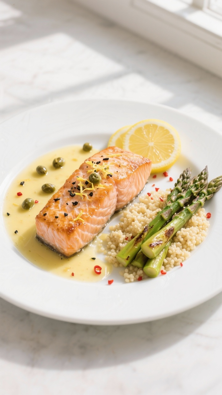 Tasty top view: Overhead hero shot of a single plated salmon fillet with a pool of emulsified lemon-