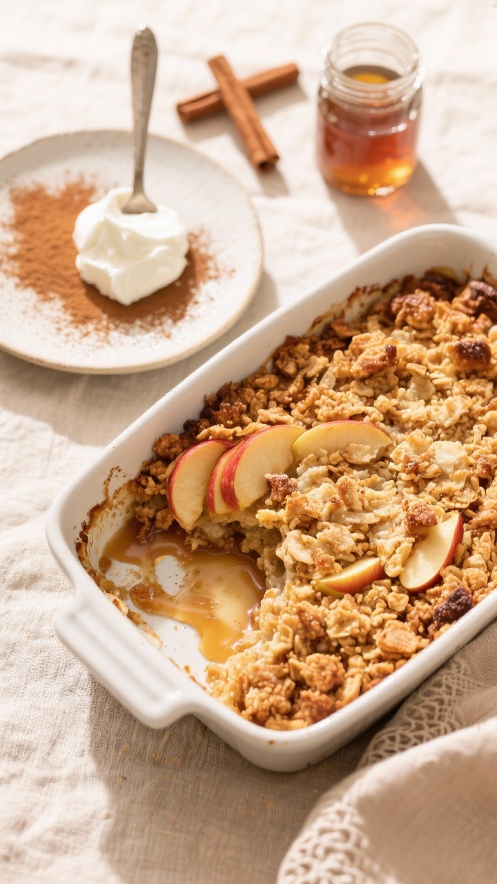 Tasty top view: Overhead hero shot of the apple crisp plated family-style—baking dish with a gener