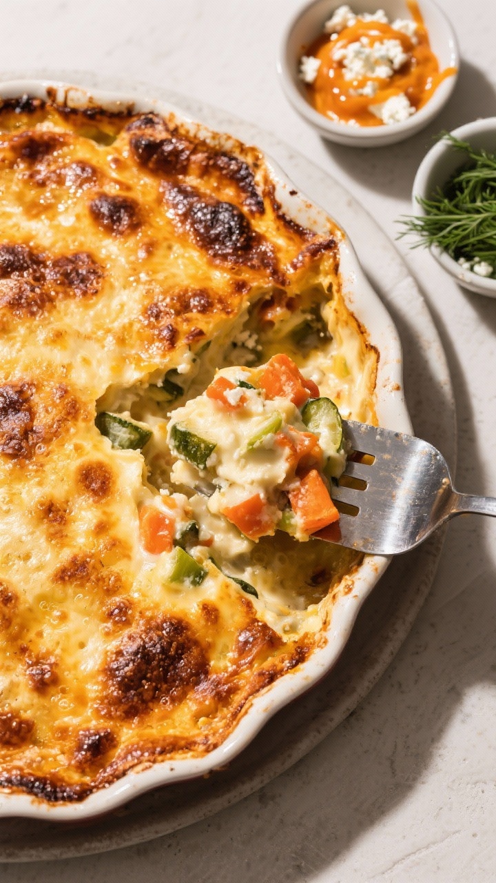 Tasty top view: Overhead hero shot of the baked casserole in the dish after a brief broil, deep gold