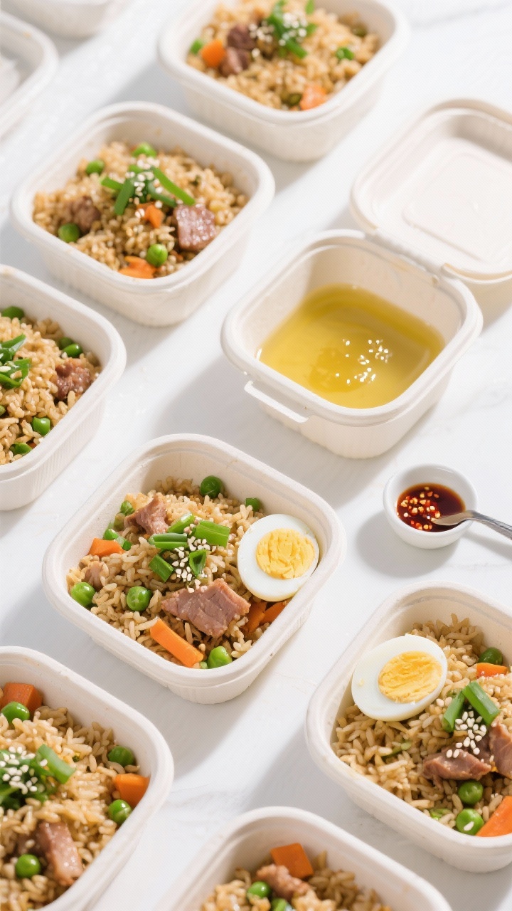 Tasty top view: Overhead meal-prep layout of portioned containers filled with the finished fried ric