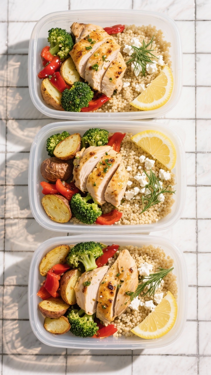 Tasty top view: Overhead meal-prep spread—three containers filled with sliced lemon-garlic chicken
