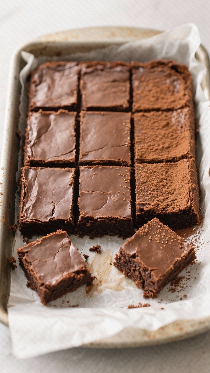 Tasty top view: Overhead of a fully cooled pan of brownies cut into 9 large squares, clean bakery-st