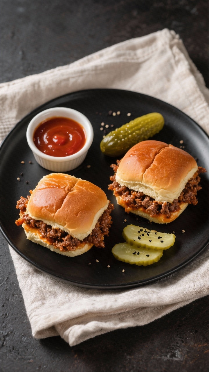 Tasty top view: Overhead plated scene of individual Sloppy Joe sliders on a matte black plate, cross