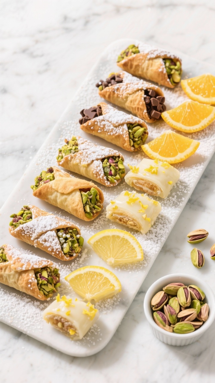 Tasty top view: Overhead platter of assorted cannoli variations—classic with pistachio, chocolate-