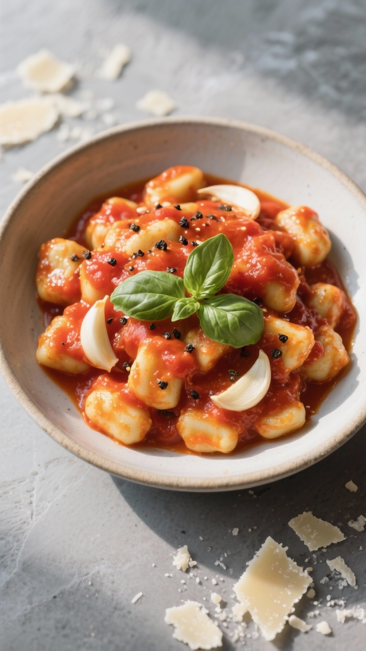 Tasty top view: Overhead restaurant-style serving—a shallow bowl filled with gnocchi coated in thi