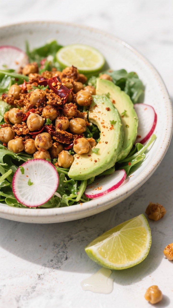 Tasty top view: Overhead salad bowl crowned with Chili-Lime crispy chickpeas—vibrant greens, avoca