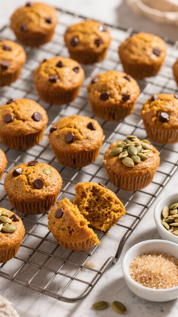 Tasty top view: Overhead scene of a cooling rack filled with uniformly baked pumpkin muffins, some w