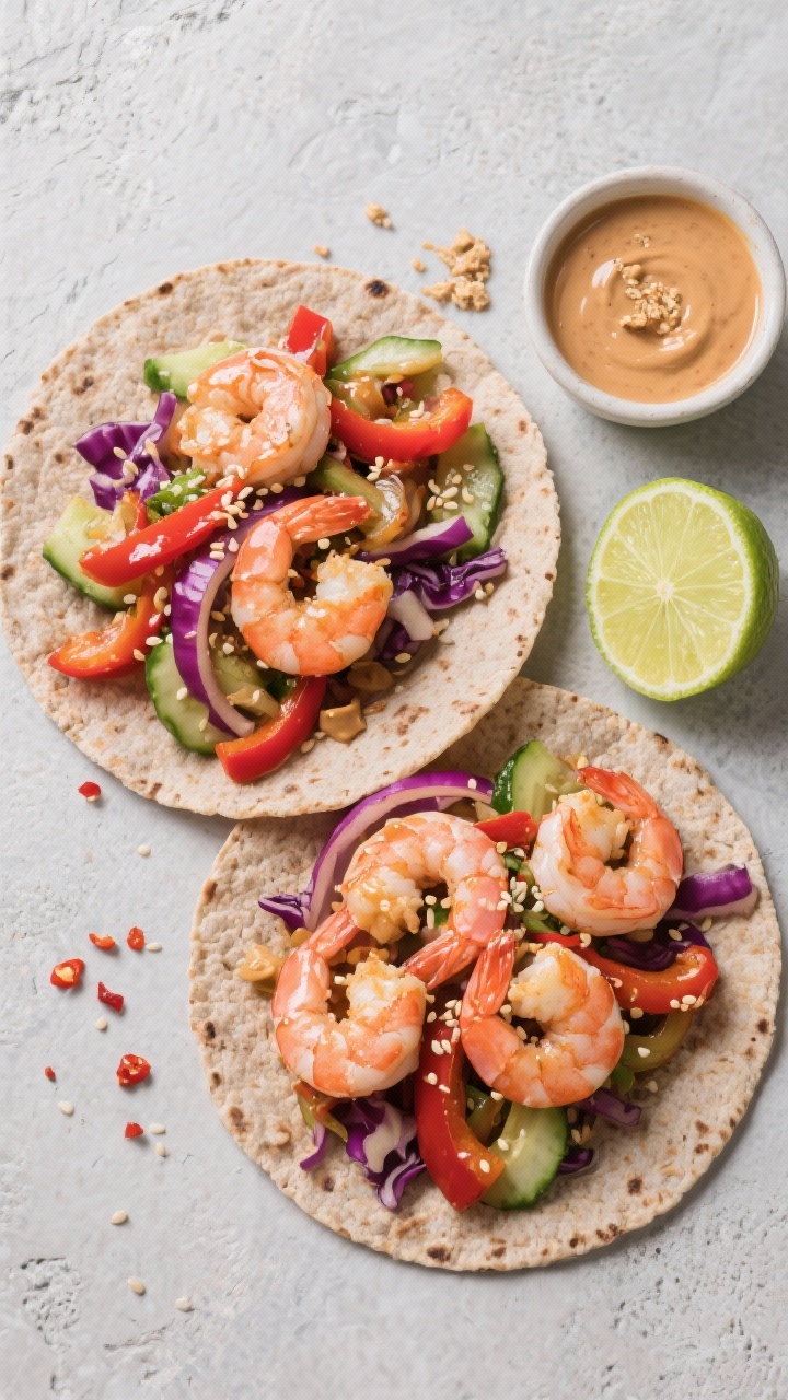 Tasty top view: Overhead shot of 10-minute Shrimp Stir-Fry Wraps—two whole-grain tortillas loaded 