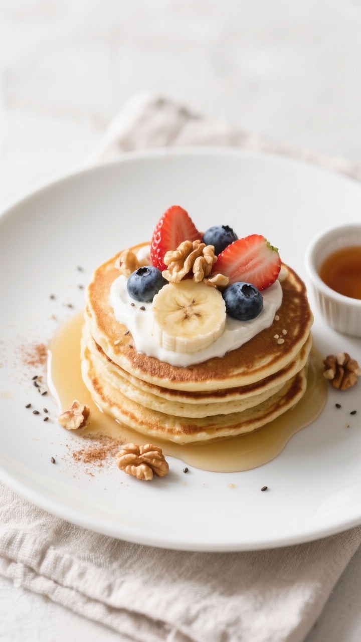Tasty top view: Overhead shot of a brunch plate featuring a neat stack of banana pancakes topped wit