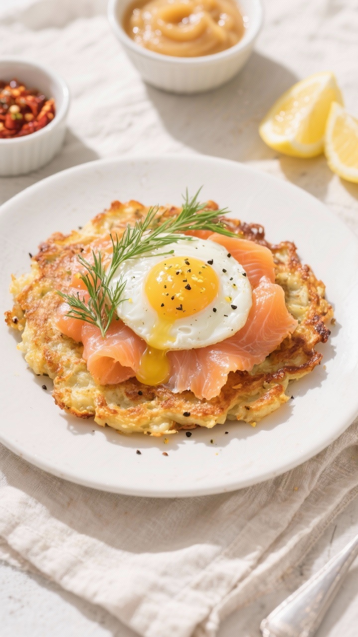 Tasty top view: Overhead shot of a brunch-ready plate of latkes topped with smoked salmon, a perfect