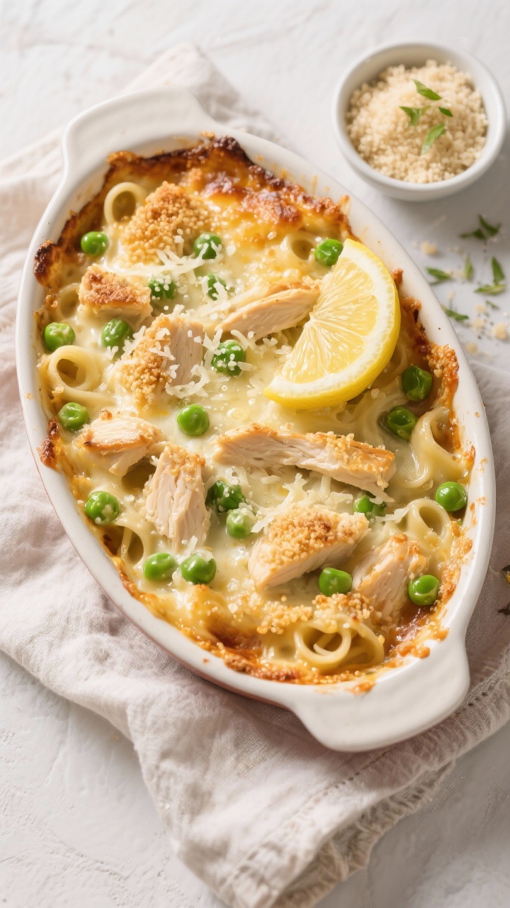 Leftover Alfredo Pasta Recipes That Taste Even Better Next Day: Turn Fridge Orphans Into Creamy Legends Tasty top view: Overhead shot of a cheesy broiler bake Alfredo in an oven-safe oval dish—bubbling,
