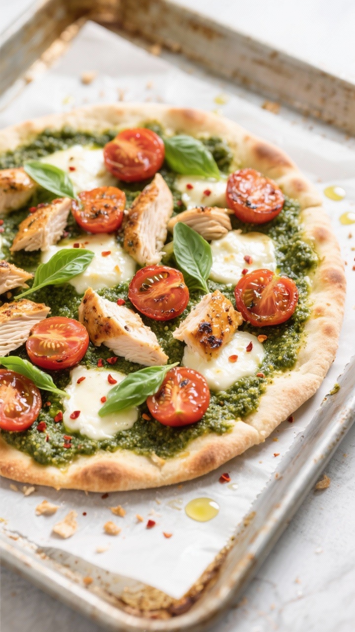 Tasty top view: Overhead shot of a chicken pesto flatbread on a sheet of parchment—naan crust with