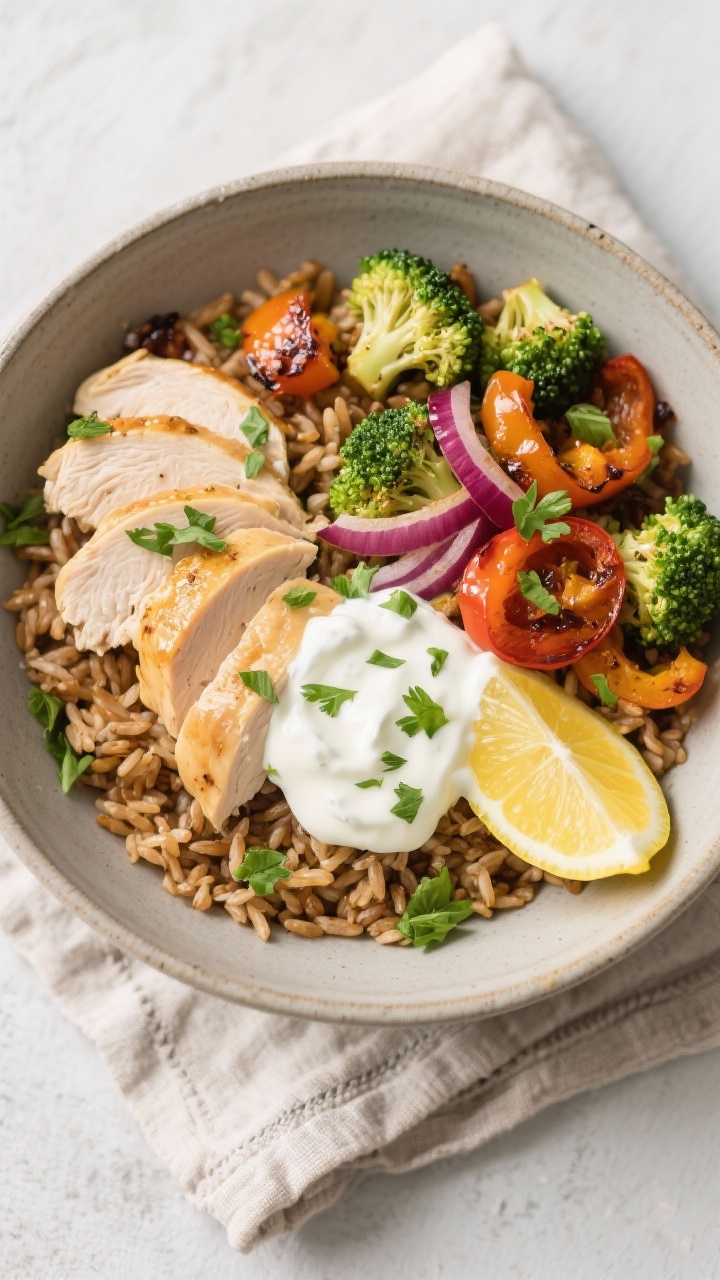 Tasty top view: Overhead shot of a chicken rice bowl assembled for lunch—fluffy brown rice base, r