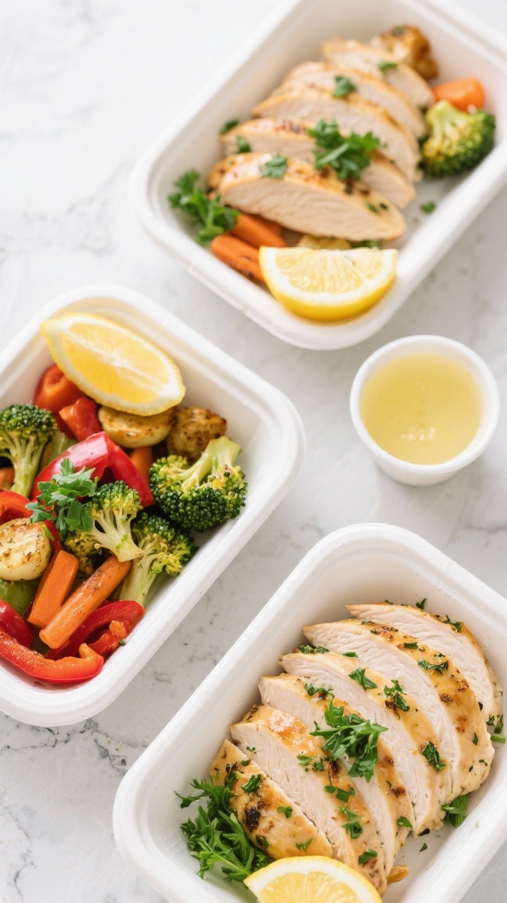 Tasty top view: Overhead shot of a clean-eating meal prep layout—sliced air fryer herb chicken bre
