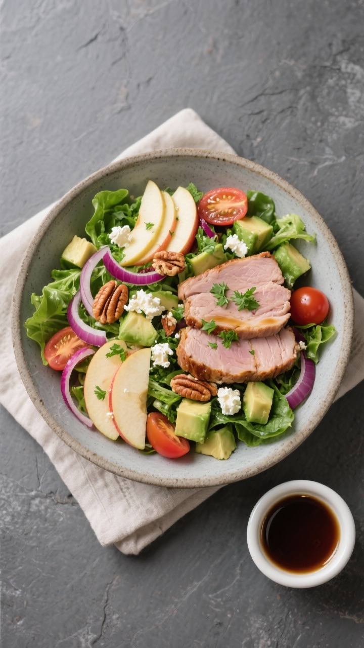 Tasty top view: Overhead shot of a composed pork tenderloin salad featuring mixed greens, sliced por