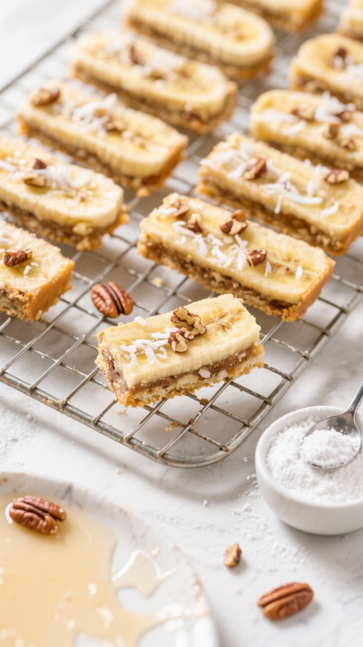 Tasty top view: Overhead shot of a cooling rack with multiple banana slice bars cut cleanly, edges s