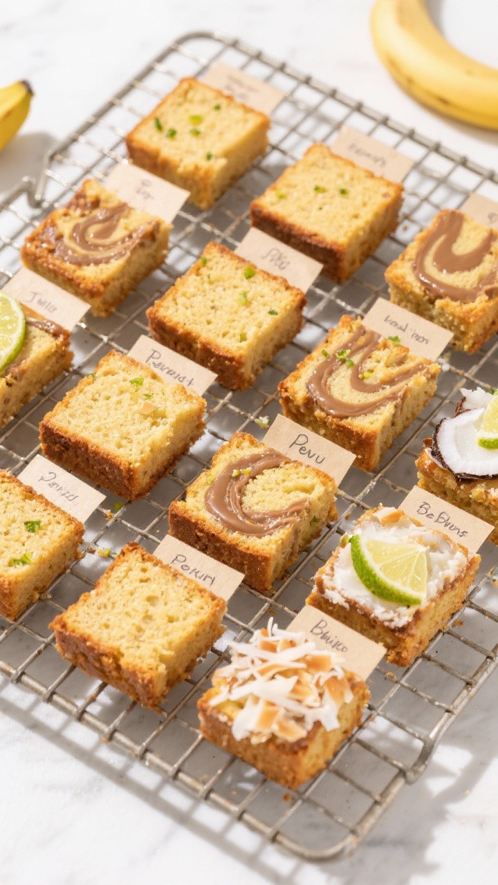 Tasty top view: Overhead shot of a cooling rack with 16 small banana bread squares spaced slightly a