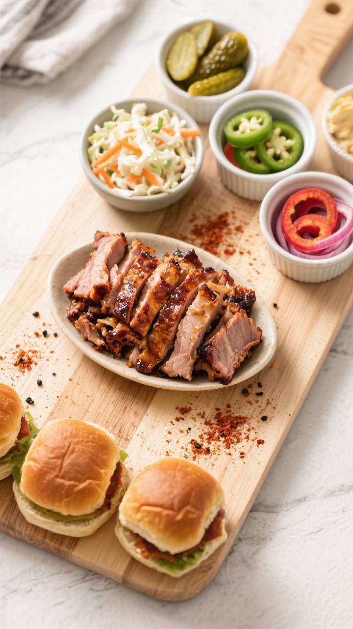 Tasty top view: Overhead shot of a DIY slider assembly board—neatly sliced BBQ pork piled on a sma